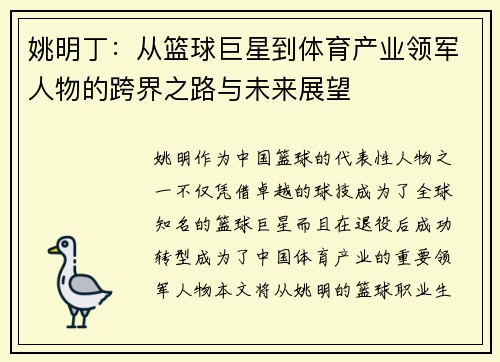 姚明丁：从篮球巨星到体育产业领军人物的跨界之路与未来展望