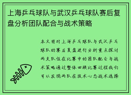 上海乒乓球队与武汉乒乓球队赛后复盘分析团队配合与战术策略