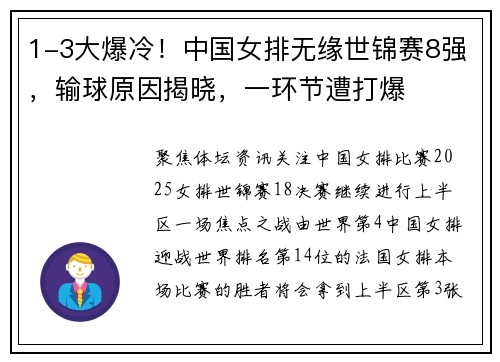 1-3大爆冷！中国女排无缘世锦赛8强，输球原因揭晓，一环节遭打爆